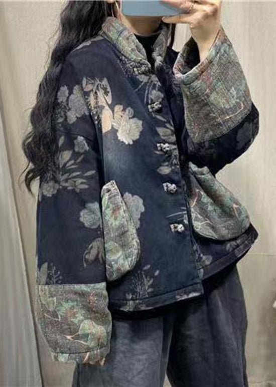 Navy Pockets Print Fine Cotton Filled Denim Jacket Spring
