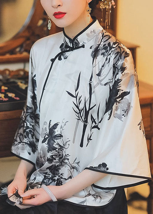 Chinese Style White Stand Collar Button Print Silk Top Spring