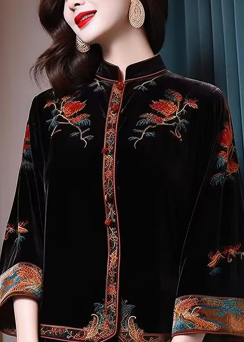 New Black Stand Collar Embroideried Patchwork Silk Velour Top Fall