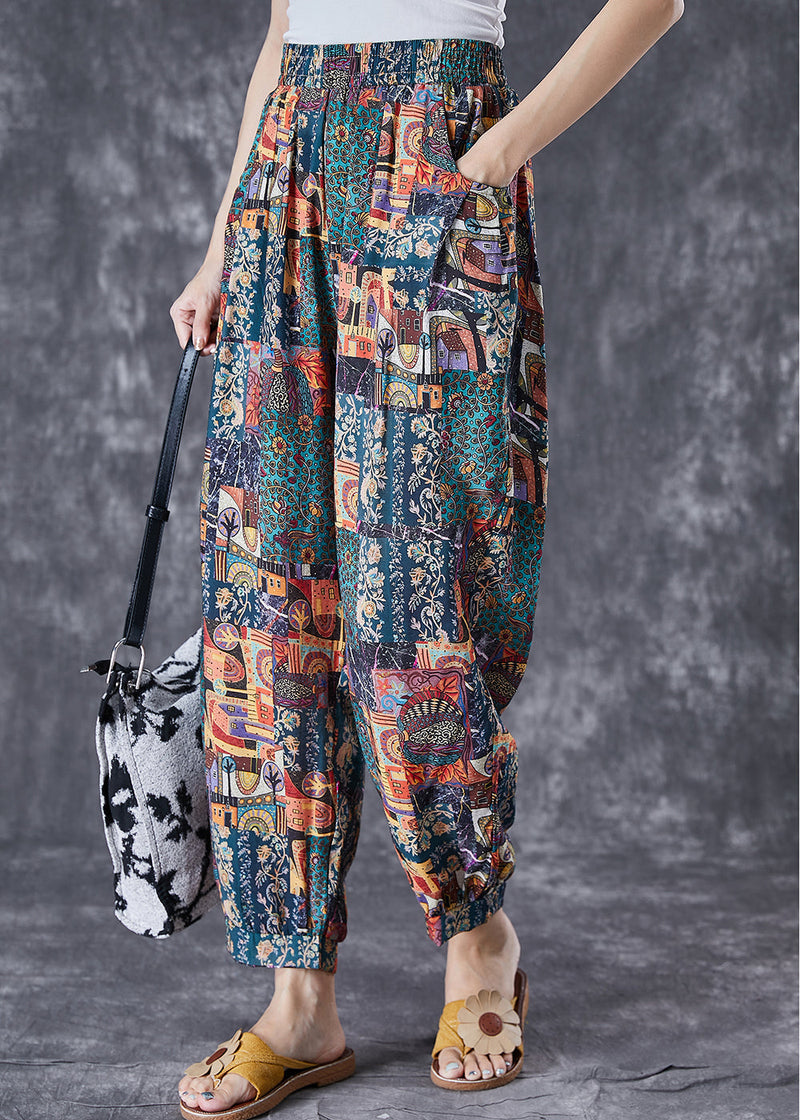 Elastic Waist Print Pockets Cotton Pants Summer