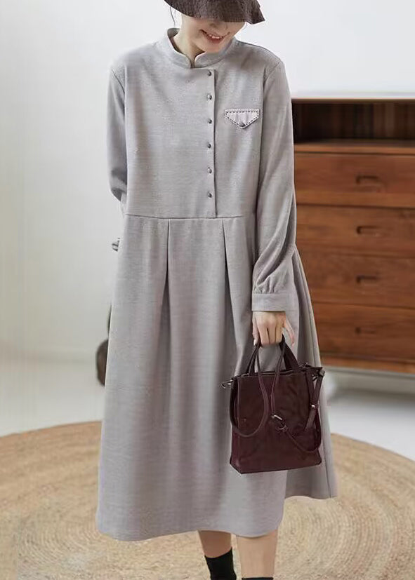 Grey Stand Collar Wrinkled Patchwork Cotton Dresses Fall