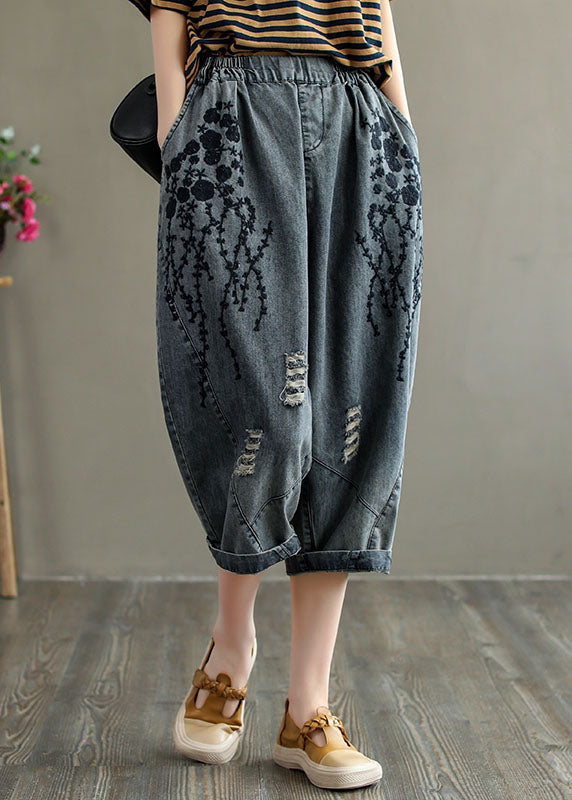 Grey Embroideried Hole Pockets Cotton Denim Crop Pants Summer