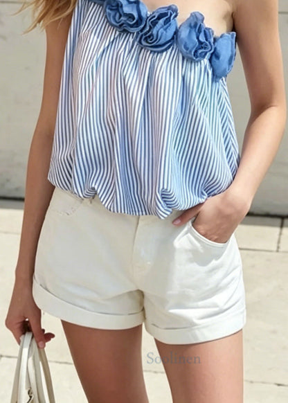 French Blue Striped One Shoulder Cotton Shirt Top Summer