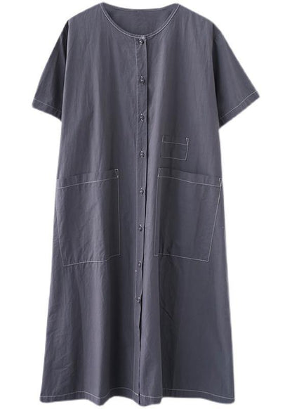 Classy Grey Button Cotton O-neck Summer Maxi Dresses