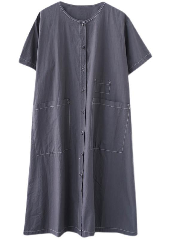 Classy Grey Button Cotton O-neck Summer Maxi Dresses