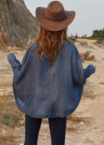 Novelty Denim Blue Asymmetrical Design Peter Pan Collar Embroideried Cotton Top Long Sleeve