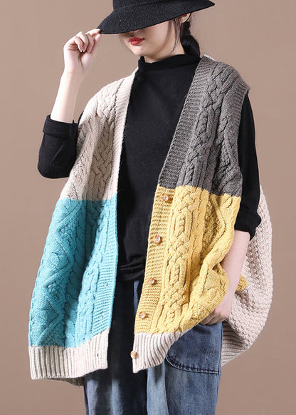 Diy Apricot V Neck Patchwork Knit Waistcoat Sleeveless