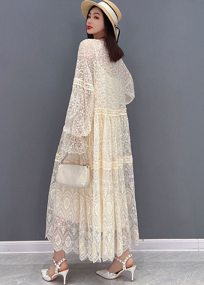 Beige O-neck Hollow Out Lace Holiday Dress Long Sleeve