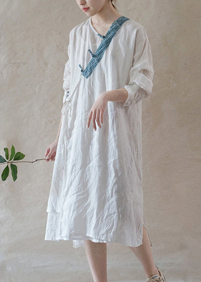 Art White Button Tie Waist Asymmetrical Linen Long Dress Spring