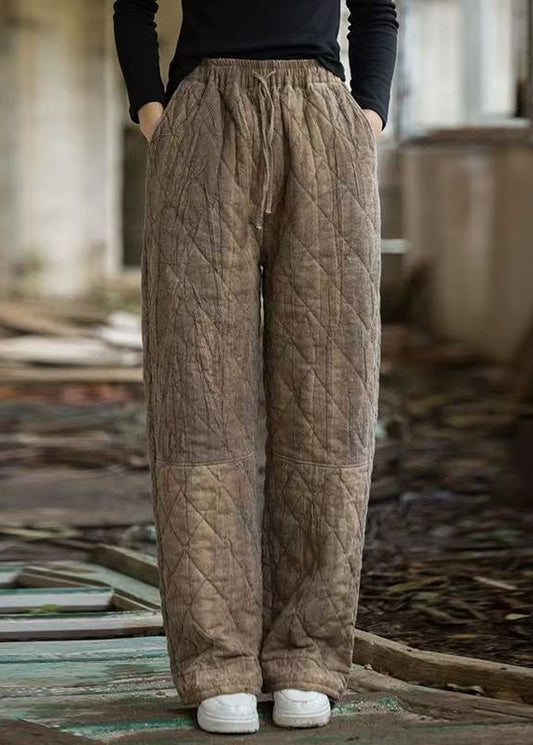 Brown Tie Dye Elastic Waist Cotton Filled Pants Plaid