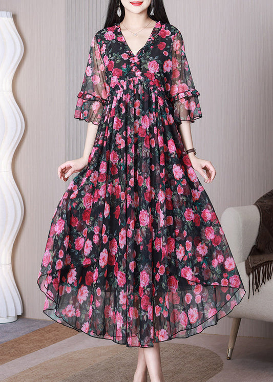 Red Print Ruffled Chiffon Long Dress Half Sleeve