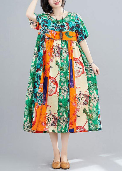 Green Print Dresses O Neck Patchwork Maxi Spring Dress
