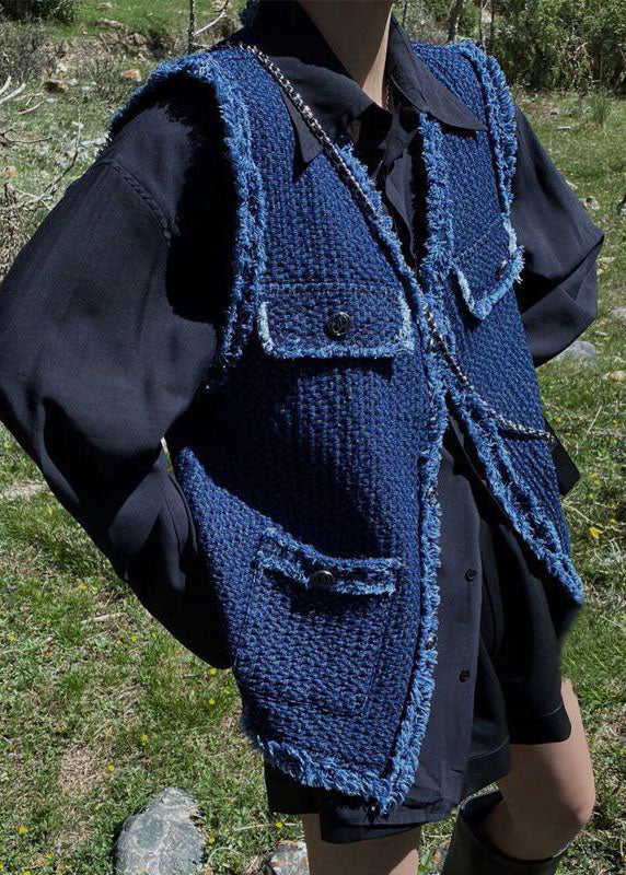 French Navy Retro V Neck Denim Pockets Fall Vest