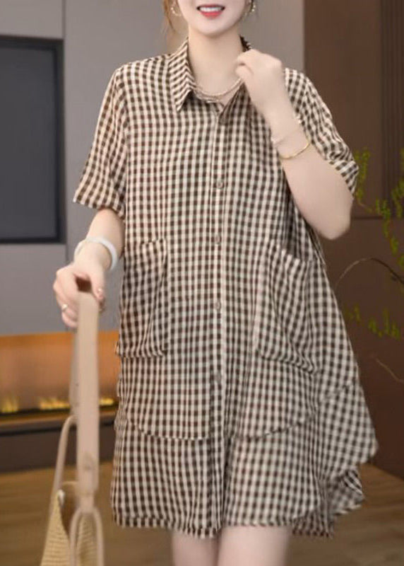Brown Oversized Plaid Cotton Two Pieces Set Summer