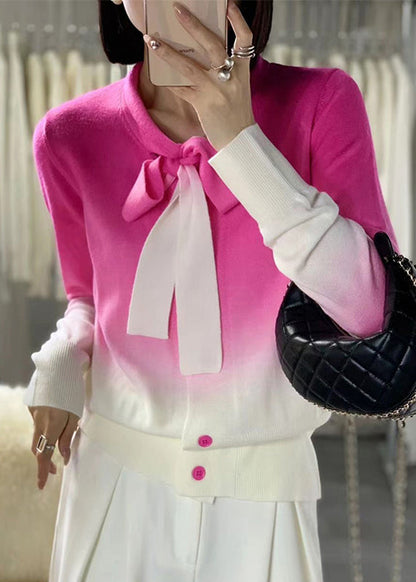 Rose Gradient Color Lace Up Wool Knit Sweaters Long Sleeve