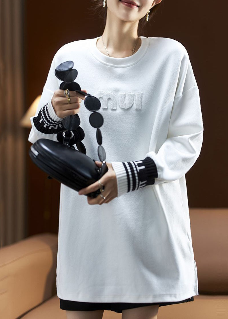 White Letter Side Open Cotton Sweatshirt Spring