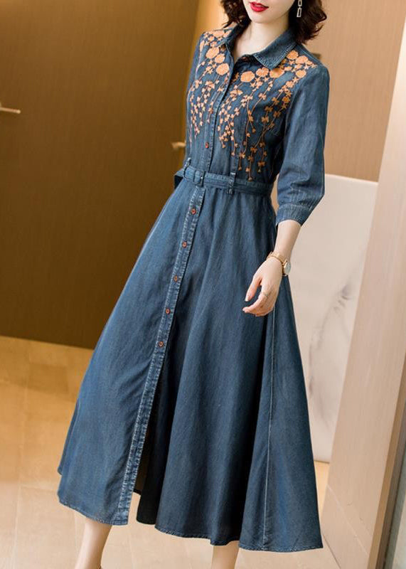 Fitted Blue Embroideried Tie Waist Patchwork Denim Dress Bracelet Sleeve