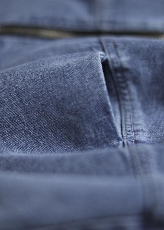 Blue Stand Collar Patchwork Cotton Denim Coats Fall