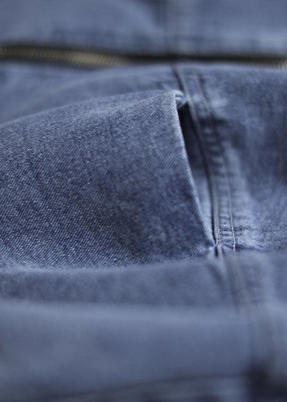 Blue Stand Collar Patchwork Cotton Denim Coats Fall