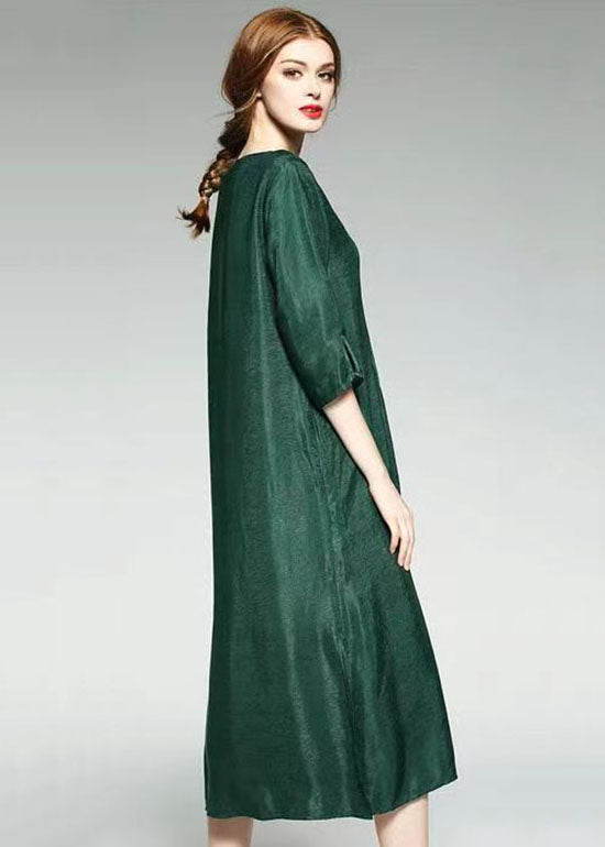 Green V Neck Wrinkled Jacquard Patchwork Silk Dress Summer