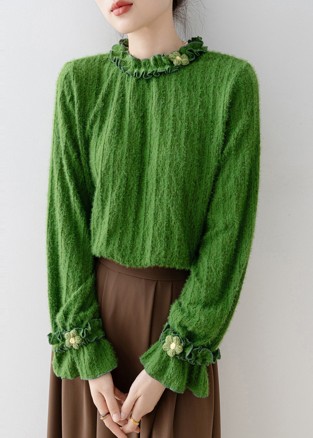 Unique Tea Green Ruffled Knit Top Flare Sleeve