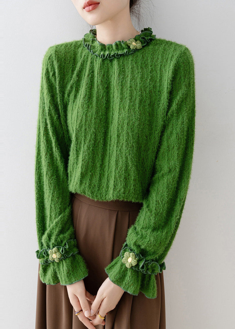 Unique Tea Green Ruffled Knit Top Flare Sleeve