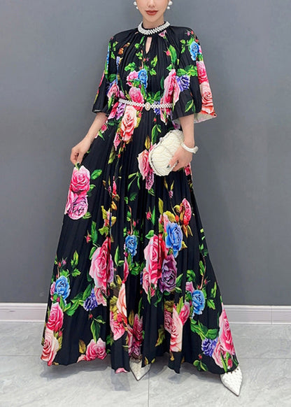 Black Blossoming Cotton Long Dress Summer