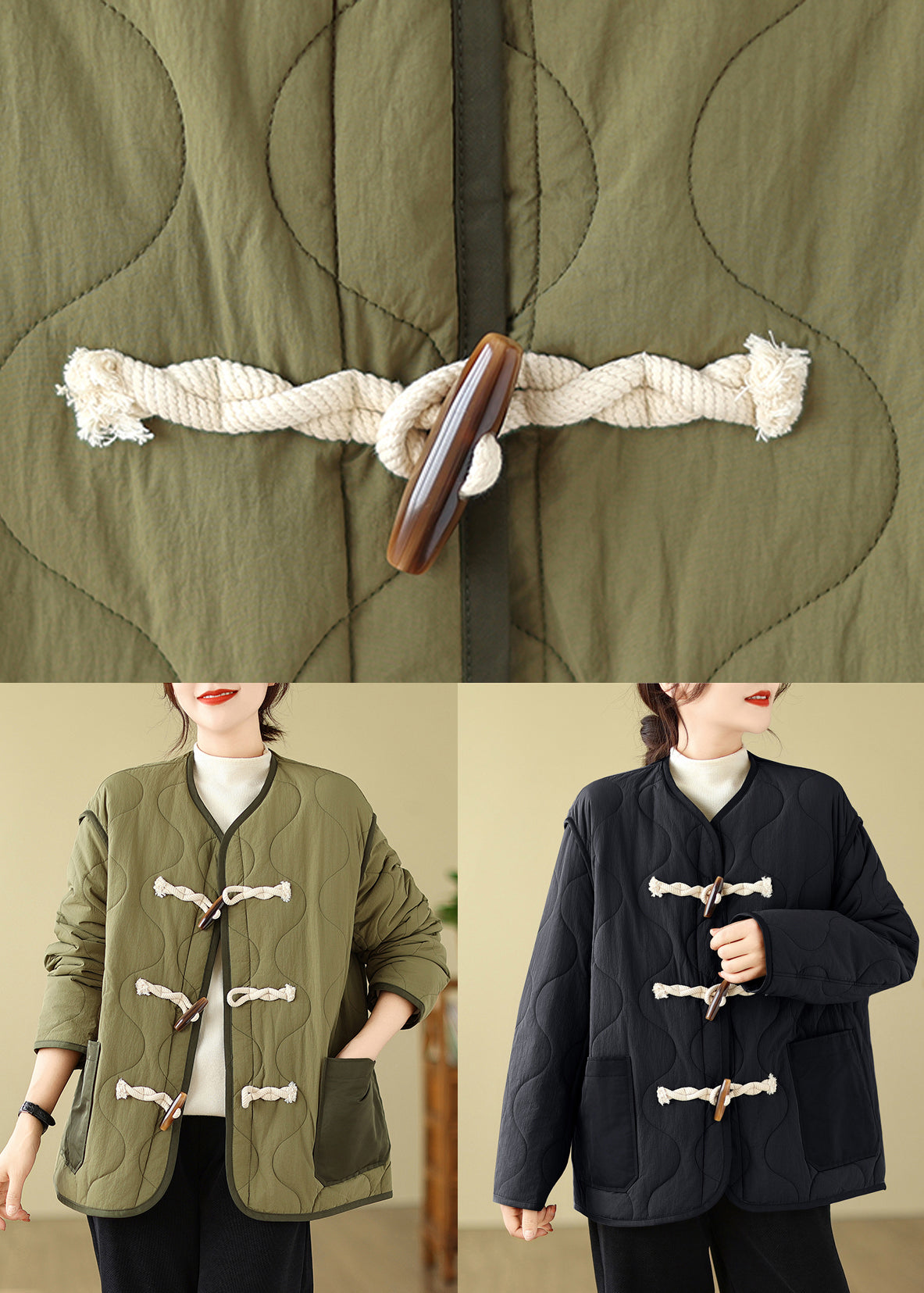 Diy Green Pockets Horn Button Fine Cotton Filled Jackets Winter