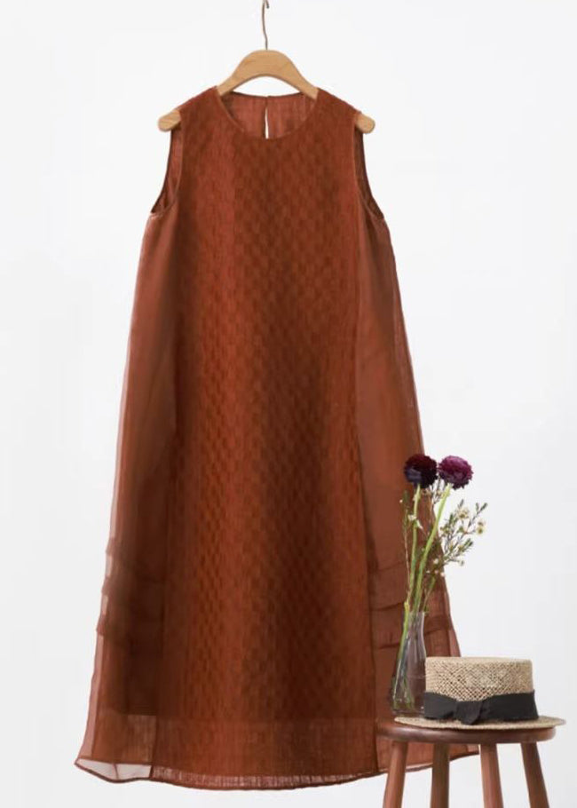 Red O Neck Patchwork Cotton Long Dresses Sleeveless