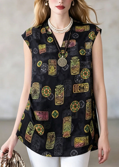 Loose Black V Neck Print T Shirt Short Sleeve
