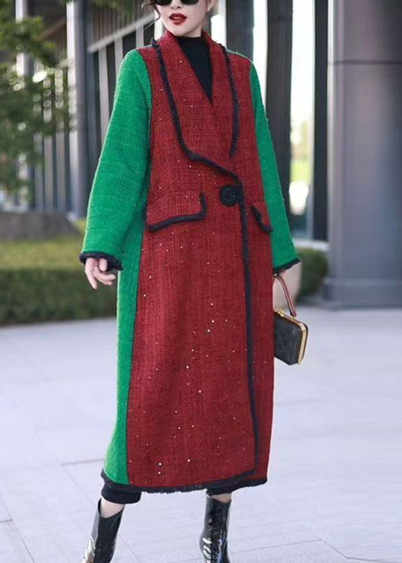 Red Notched Pockets Patchwork Woolen Long Coats Winter