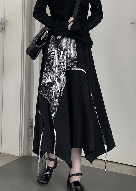 Black Asymmetrical Print Cotton a Line Skirt Spring