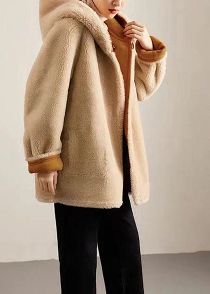 Camel Patchwork Sashes Warm Fleece Wooled Blended Hooded Coat Winter