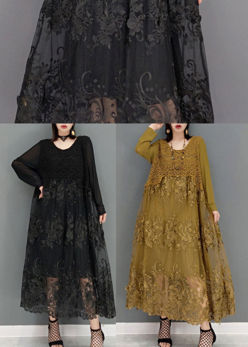 Khaki Patchwork Lace Long Dresses O-neck Embroideried Long Sleeve