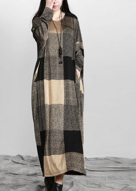 Plaid Pockets Long Sleeve Maxi Dresses Fall