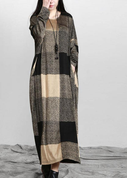 Plaid Pockets Long Sleeve Maxi Dresses Fall