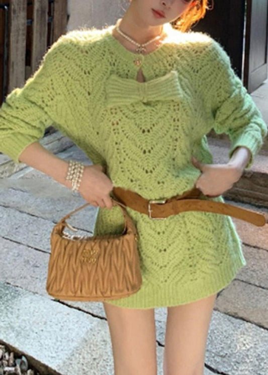 Stylish Green O Neck Bow Patchwork Mid Knit Dress Spring