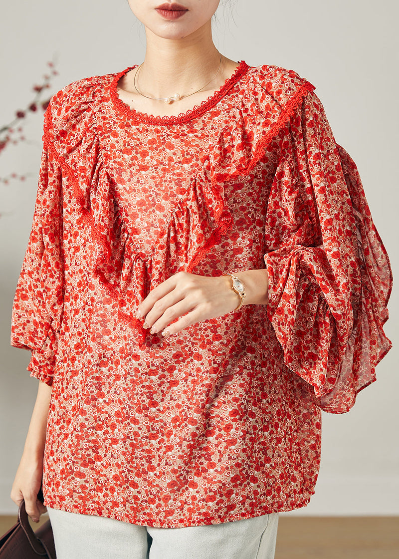 Red Ruffled Print Chiffon Blouse Top Butterfly Sleeve
