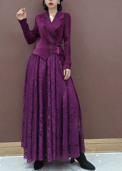 Fitted Purple Tie Waist Peter Pan Collar Knit Tops Lace Skirts Sets Two Pieces Spring