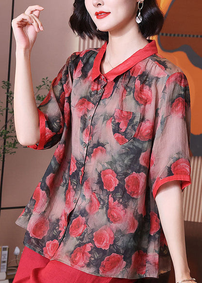 Red Peter Pan Collar Print Button Patchwork Linen Top Summer
