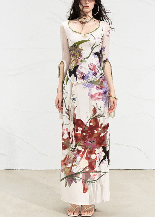 White O-neck Print Side Open Long Dress Flare Sleeve