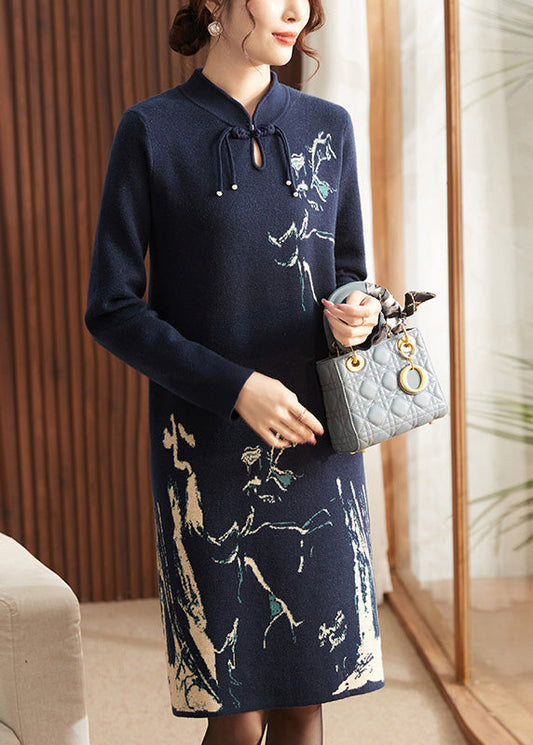 Navy Print Patchwork Cotton Knit Long Sweater Dress Long Sleeve