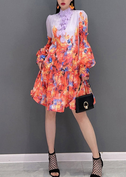 Print Stand Collar Patchwork Chiffon Dresses Lantern Sleeve