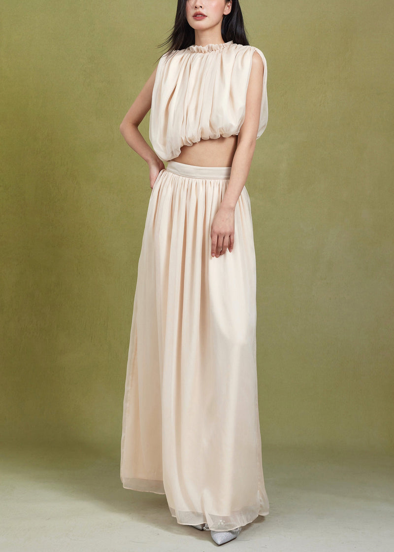Apricot Ruffled Tops and Skirts Cotton Two Pieces Set Sleeveless
