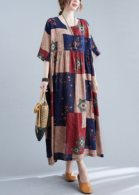 Navy Cinched O-neck Print Dresses Half Sleeve