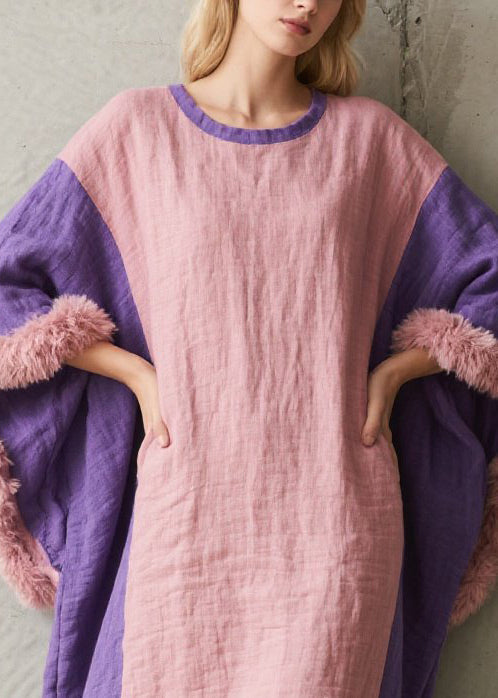 Art Colorblock Oversized Patchwork Faux Fur Maxi Dresses Batwing Sleeve
