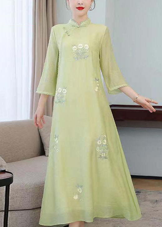 Light Green Stand Collar Embroideried Silk Long Dresses Half Sleeve