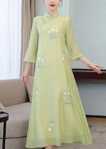 Light Green Stand Collar Embroideried Silk Long Dresses Half Sleeve