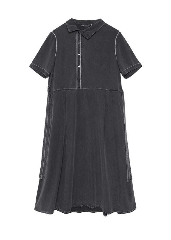 Grey Stand Collar Lace Up Patchwork Denim Dress Summer