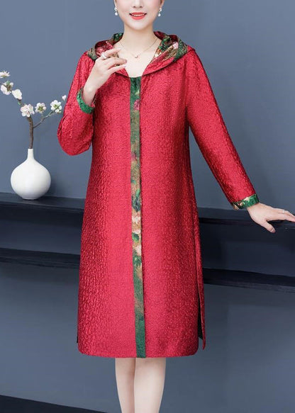 Loose Red Hooded Wrinkled Pockets Wear on Both Sides Cotton Coat Fall